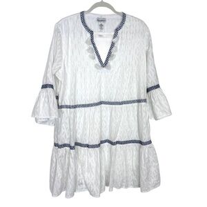 Tommy Bahama White Embroidered V-Neck Tiered Dress with Blue Trim XL LINED